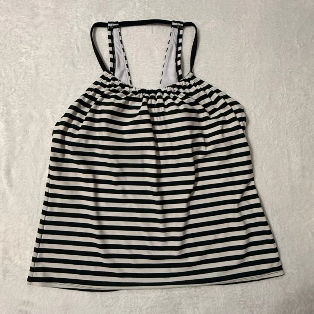 Kona Sol Tankini Top Women Medium Black White Striped Blouson Strappy Back Beach
